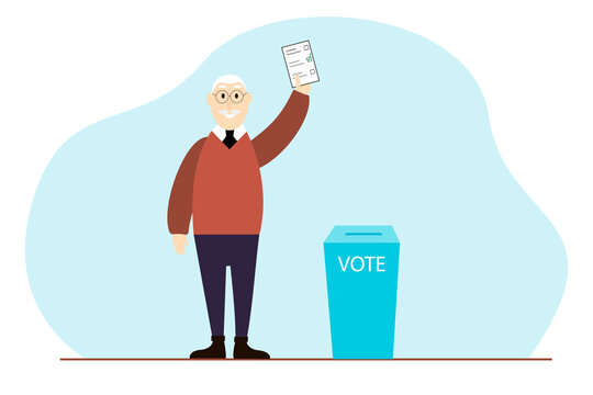 Old Man Putting Vote Into The Ballot Box. Democracy Elections Flat Illustration.