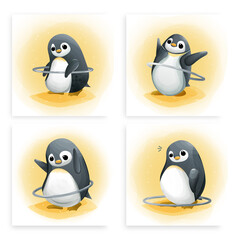 Set of template penguins are trying to play Hula hoop for exercise. Cute card watercolor art. EPS 10