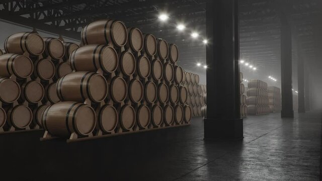 Barrels of wine, whiskey, bourbon liqueur or cognac in the basement. Aging of alcohol in oak barrels in warehouse. Wine, beer, whiskey casks stacked in a cellar. Loopable seamless 4K, 3D animation