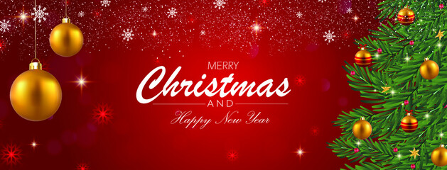 Christmas banner vector illustration. Red background. Merry Christmas and happy new year background. Christmas tree banner with snow. 