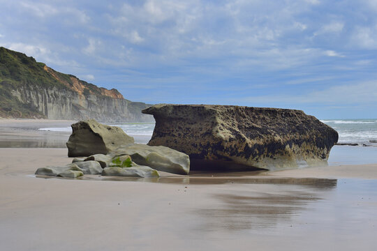 Rock formations on the beach. New Zealand, South Island.