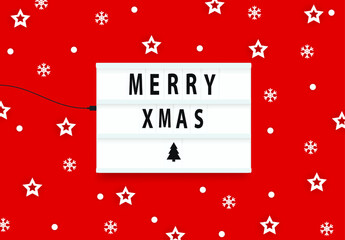 Naklejka premium Merry Christmas red background. Light box vector illustration. White snow flakes and star background.