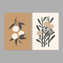 Fototapeta na wymiar Linocut art. Modern posters with abstract floral illustrations. Great for interior decor, wall art, tote bag, t-shirt print.
