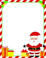 Santa Claus with gifts vector illustration. Christmas card design with candy cane border.