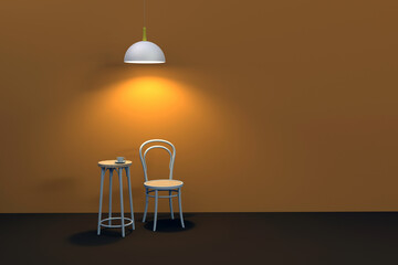 A coffee table and a chair on a dark background illuminated by bright light.
