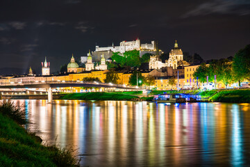 Fototapeta na wymiar Salzburg at night. City skyline with Festung Hohensalzburg castle, Austria