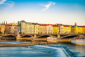 Obraz premium River Vltava in Prague with Jiraskuv Bridge in the background. Czech Republic