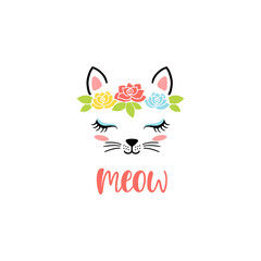 Hand drawn cute cat face with text: Meow. Sketch isolated cartoon illustration