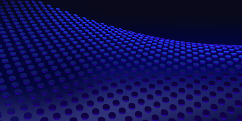 3D image of a horizontal texture and background of blue cylinders on a black background. Surface geometry.