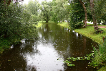 Cloudy rainy summer day.Zdravnyovo.Belarus. Vitebsk region.The museum-manor I.E.Repin. Small pond.