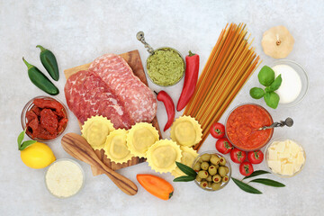 Italian health food for fitness and well being with an assortment of fresh and dried of healthy foods high in antioxidants, anthocyanins, lycopene, protein, vitamins, fibre, omega 3 and minerals.  