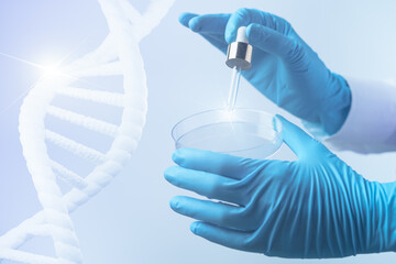 Scientist hand holding a petri dish with DNA, scientific background. 3d rendering.