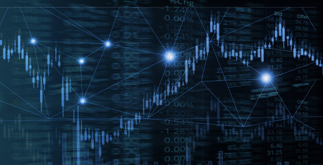 graph line of trade stock market and index number on glow blue light banner business background