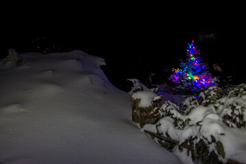 A small live Christmas tree in a snowy glade, covered with snow and decorated with toys, balls and glowing garlands. Background, night snow slide.