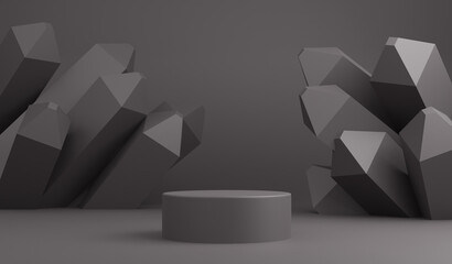 Grey minimal abstract background cylinder podium with crystal shape, Stage for product. 3d rendering