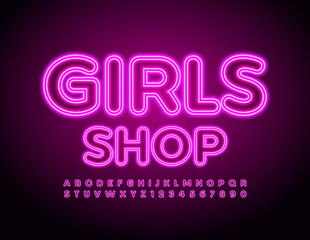 Vector glamour emblem Girls Shop. Neon glowing Font. Electric led Alphabet Letters and Numbers set