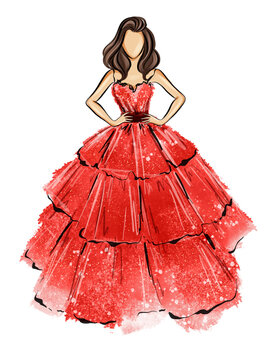 Girl in red dress model sketch. Hand drawn fashion illustration