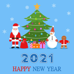 Happy new year 2021 illustration of santa claus, snowman and gingerbread man under the tree on a blue background.