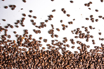 Panoramic coffee beans border isolated on white background	
