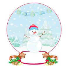Happy snowman in a crystal ball