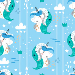 Cute childish print with unicorn. Perfect for kids apparel, poster, baby shower card. Vector illustration