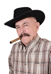 The cowboy with mustache, in a black hat smoking a cigar