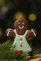 Gingerbread man cookie in festive Christmas arrangement with bokeh lights in background.