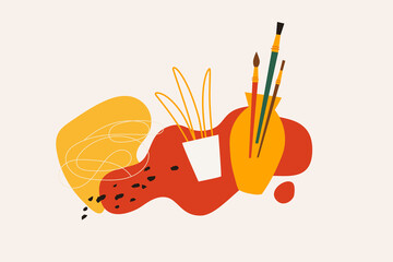 Vase with art brushes, and abstract spots on a light isolated background. A set of tools and materials for a young artist vector illustration. Element for the decoration of children's art studios.
