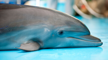 Little dolphin's portrait laying on a stage