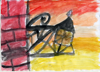 Watercolor drawing. Retro. Forged street lamp, on a brick wall