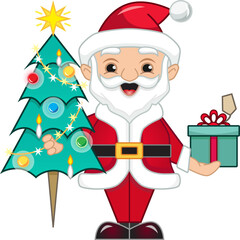 Happy Santa Claus holding a decorated Christmas Tree and Christmas gift. Vector Illustration.