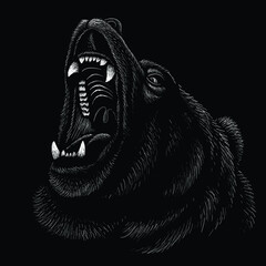 The Vector logo bear for T-shirt design or outwear.  Hunting style bear background. This drawing would be nice to make on the black fabric or canvas - obrazy, fototapety, plakaty
