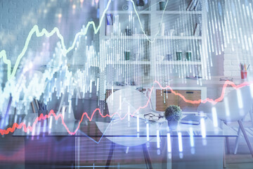 Double exposure of financial graph drawing and office interior background. Concept of stock market.