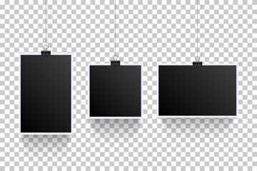 Blank photoframes hanging with pins on cords set. Realistic retro art collection vector illustration. Black photo template with white frames on threads on transparent background
