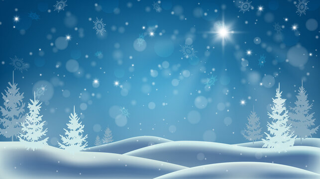 Holiday winter landscape, new year holidays with shining christmas star, falling snow. Snowy forest. Quiet winter night.