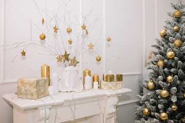 Beautifully decorated Christmas composition in the living room. With the objects of holiday decor. 