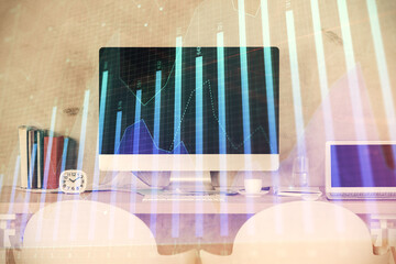 Multi exposure of stock market chart drawing and office interior background. Concept of financial analysis.