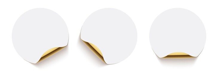 White glued round stickers with golden back side curling set. 3d circular shaped blank paper labels vector illustration. Badges with shining peel effect