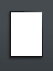 White billboard on grey background. Blank vertical poster or display banner vector illustration. Template advertising or exhibition board with black frame.