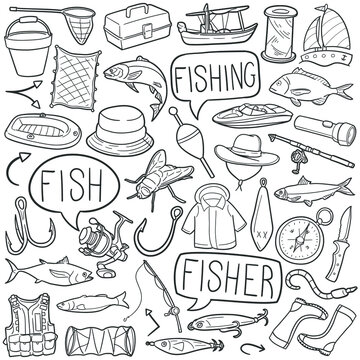 Fishing doodle icon set. Fisher Vector illustration collection. Banner Hand drawn Line art style.