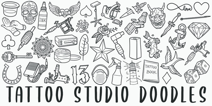 Tattoo Studio, doodle icon set. Machine and Ink Style Vector illustration collection. Old School Banner Hand drawn Line art style.