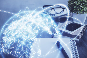 Double exposure of financial theme drawing and cell phone background. Concept of business