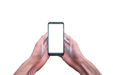 The young man's hands holding a smartphone with a white display  isolated on white background, first-person view.