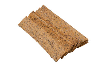 Stack of rectangular bread crisps isolated on white background. Top view close-up.