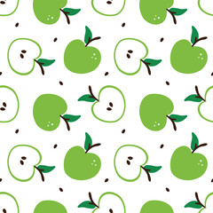 Fresh green apples with leaves and seeds vector cartoon style seamless pattern background for food design.