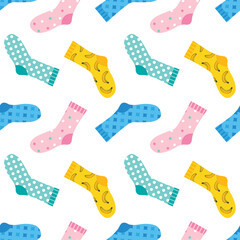 Cute colorful socks with different ornaments vector seamless pattern background.