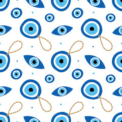 Turkish blue eye-shaped amulets, nazar talismans, charms and dots vector cartoon style seamless pattern background.