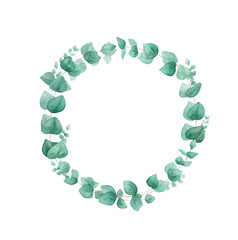 Watercolor eucalyptus wreath isolated on white background. Trendy watercolor greenery. Perfect for wedding invitations, cards, social networking. 
