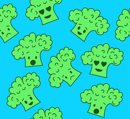 Broccoli emojis onblue background. Seamless vector pattern