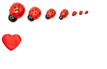 Valentine's day white background for congratulations. Background with place for text. On a beautiful black heart a pair of ladybugs